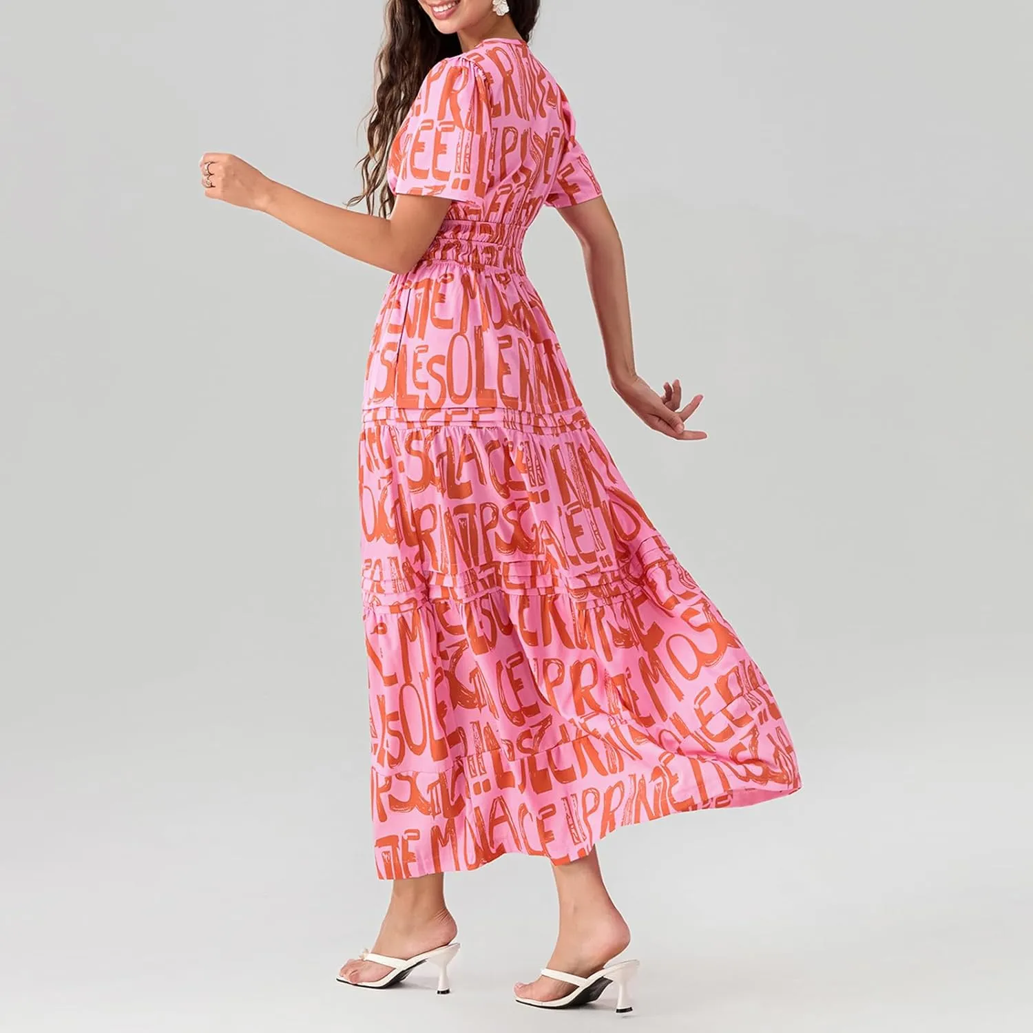 Women Summer Boho Maxi Dress Smocked Waist V-Neck Short Sleeve Tiered Flowy Dresses Beach Sundress Clubwear