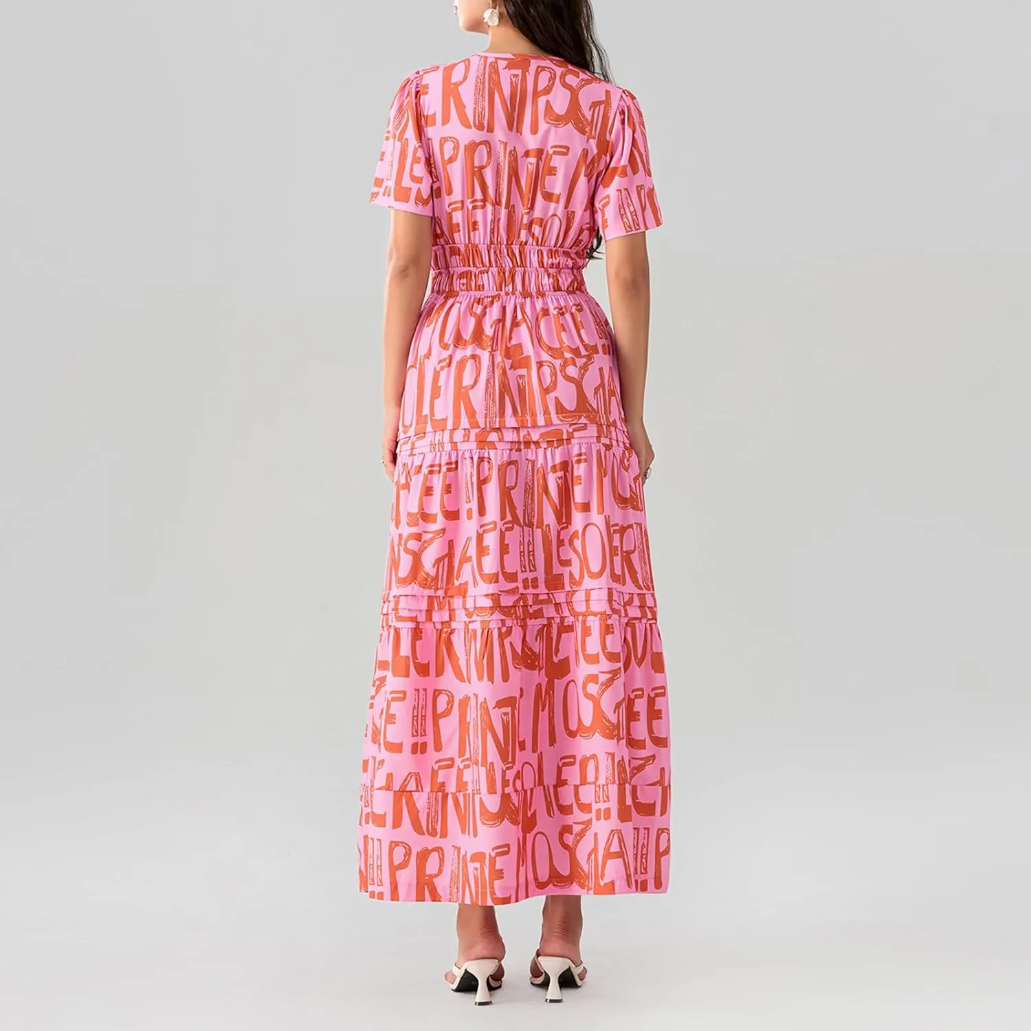 Women Summer Boho Maxi Dress Smocked Waist V-Neck Short Sleeve Tiered Flowy Dresses Beach Sundress Clubwear