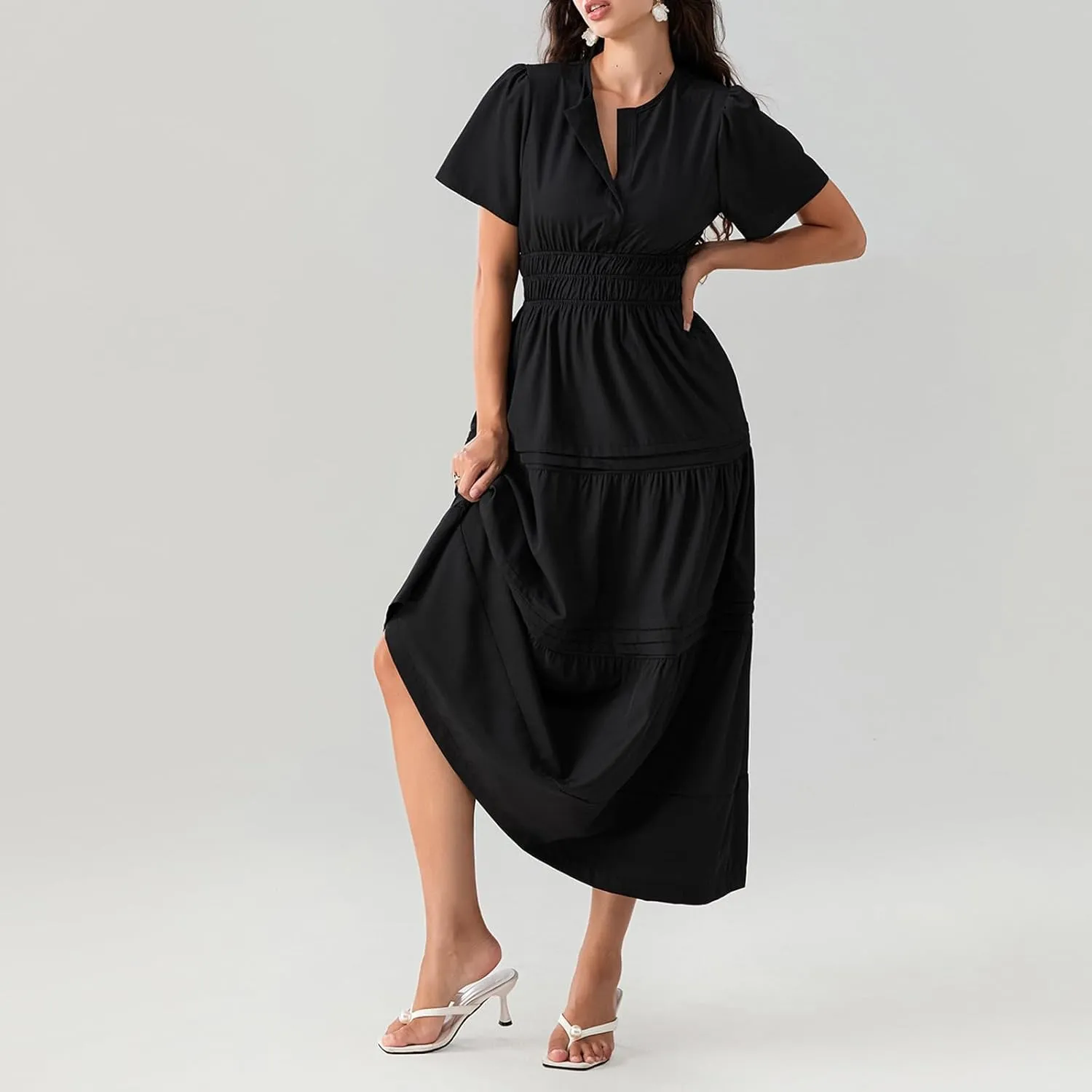 Women Summer Boho Maxi Dress Smocked Waist V-Neck Short Sleeve Tiered Flowy Dresses Beach Sundress Clubwear
