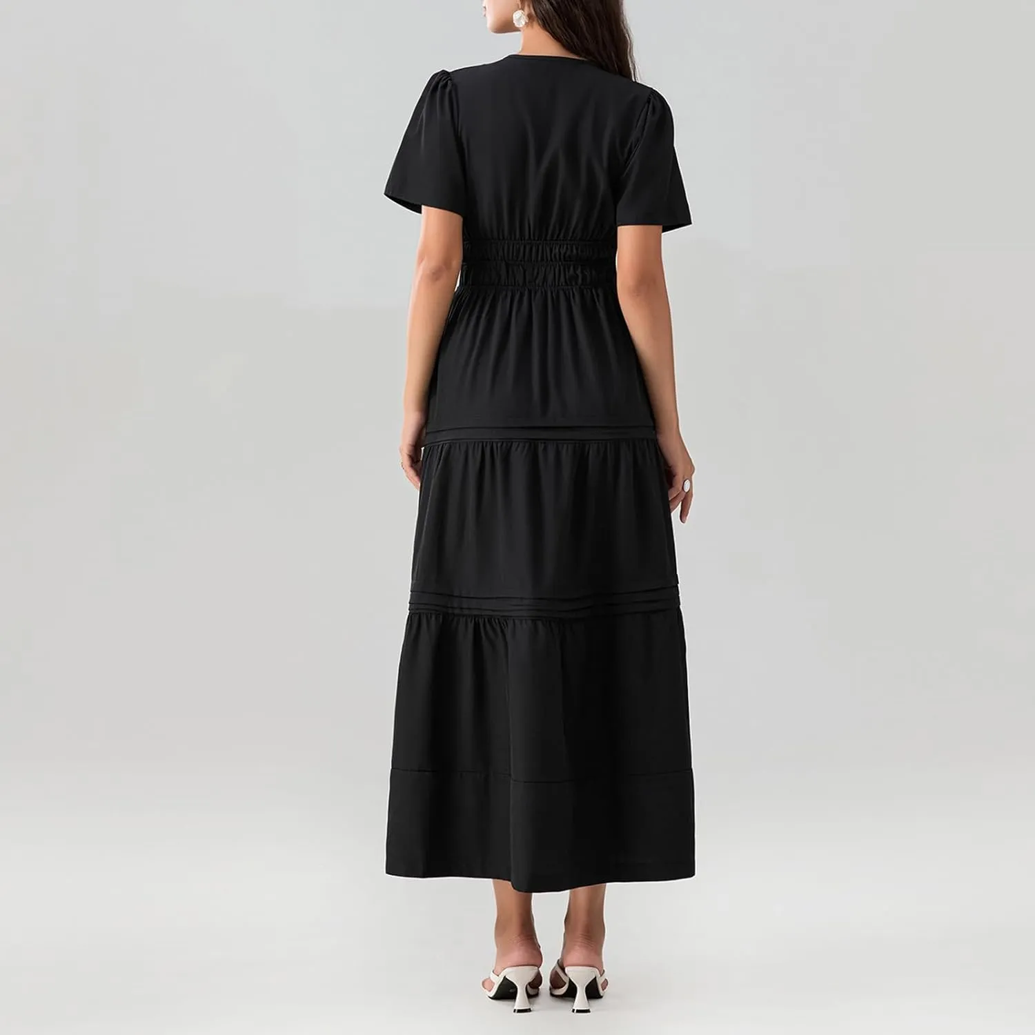 Women Summer Boho Maxi Dress Smocked Waist V-Neck Short Sleeve Tiered Flowy Dresses Beach Sundress Clubwear