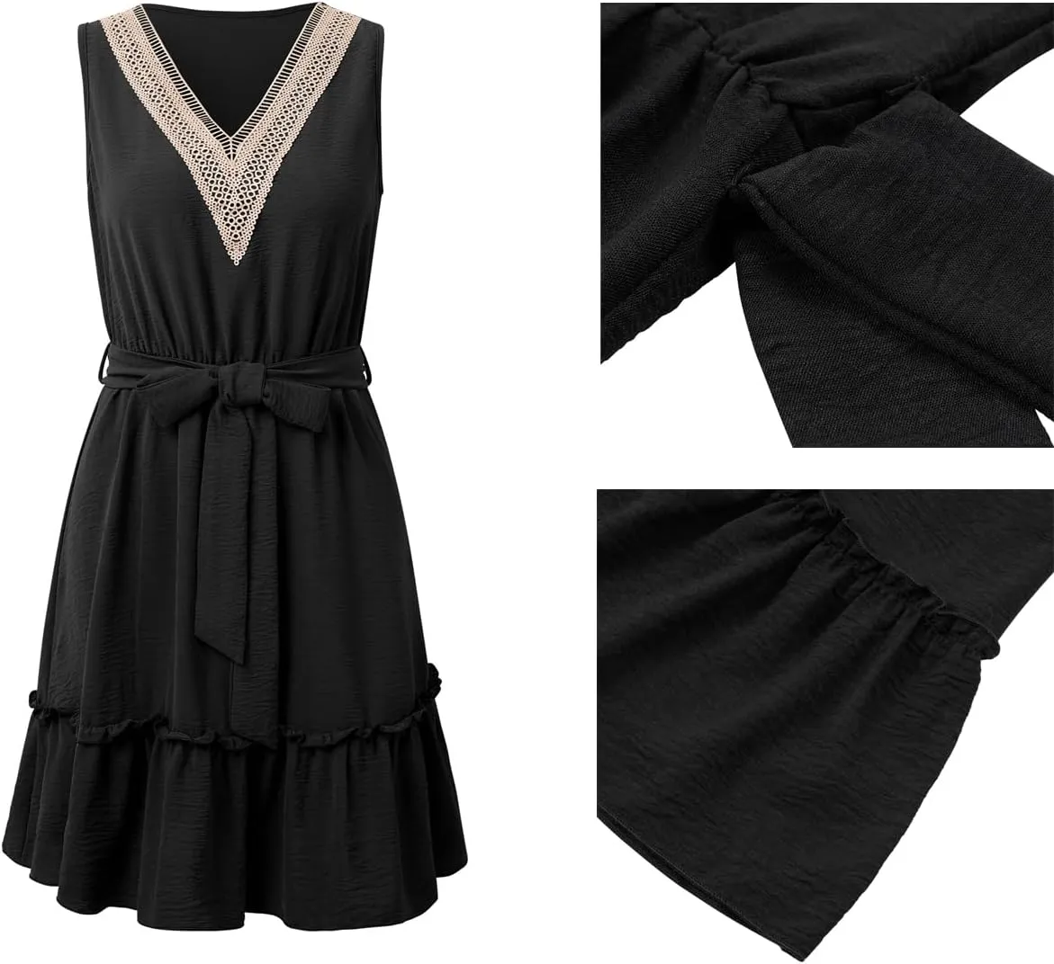 Women's Summer Dresses V-Neck Sleeveless Dress High Waist Beach Ruffle Hem Midi Dresses with Belt