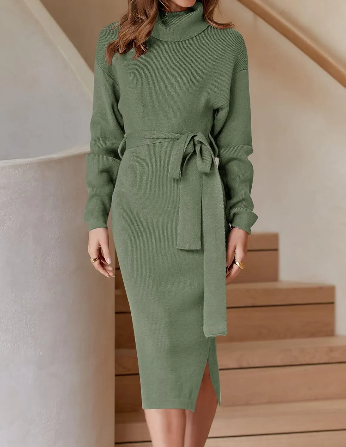 ZESICA Women's Turtleneck Sweater Midi Dress Long Sleeve Ribbed Knit Bodycon Slit Dress with Belt