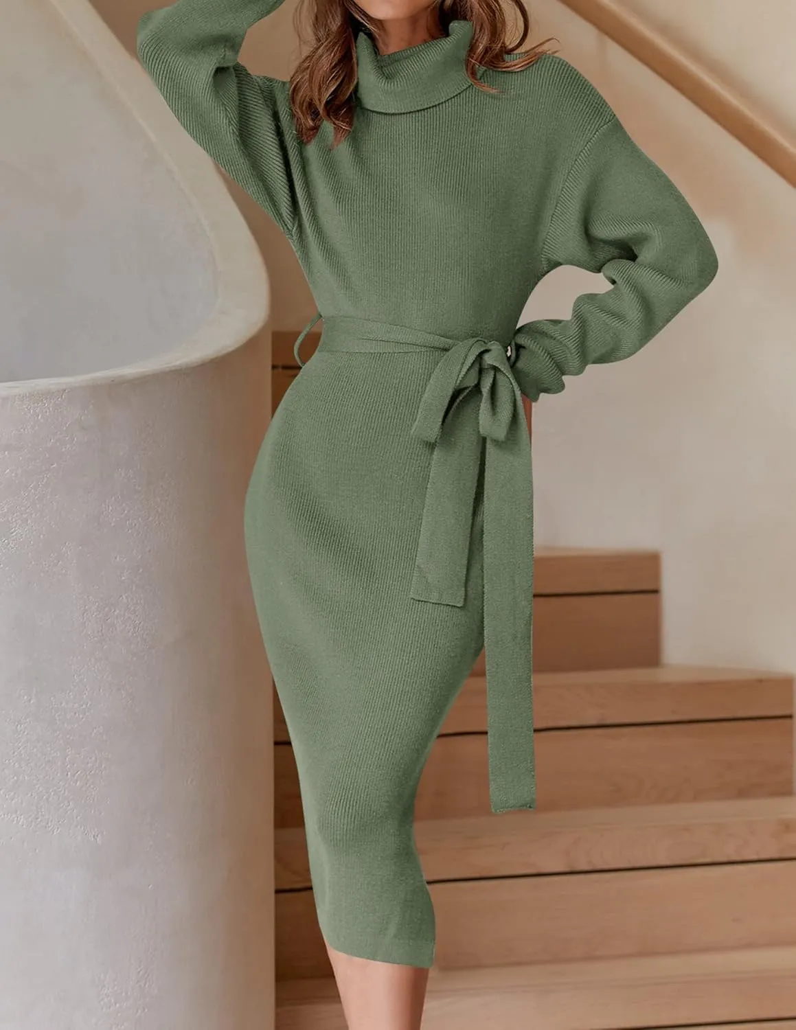 ZESICA Women's Turtleneck Sweater Midi Dress Long Sleeve Ribbed Knit Bodycon Slit Dress with Belt