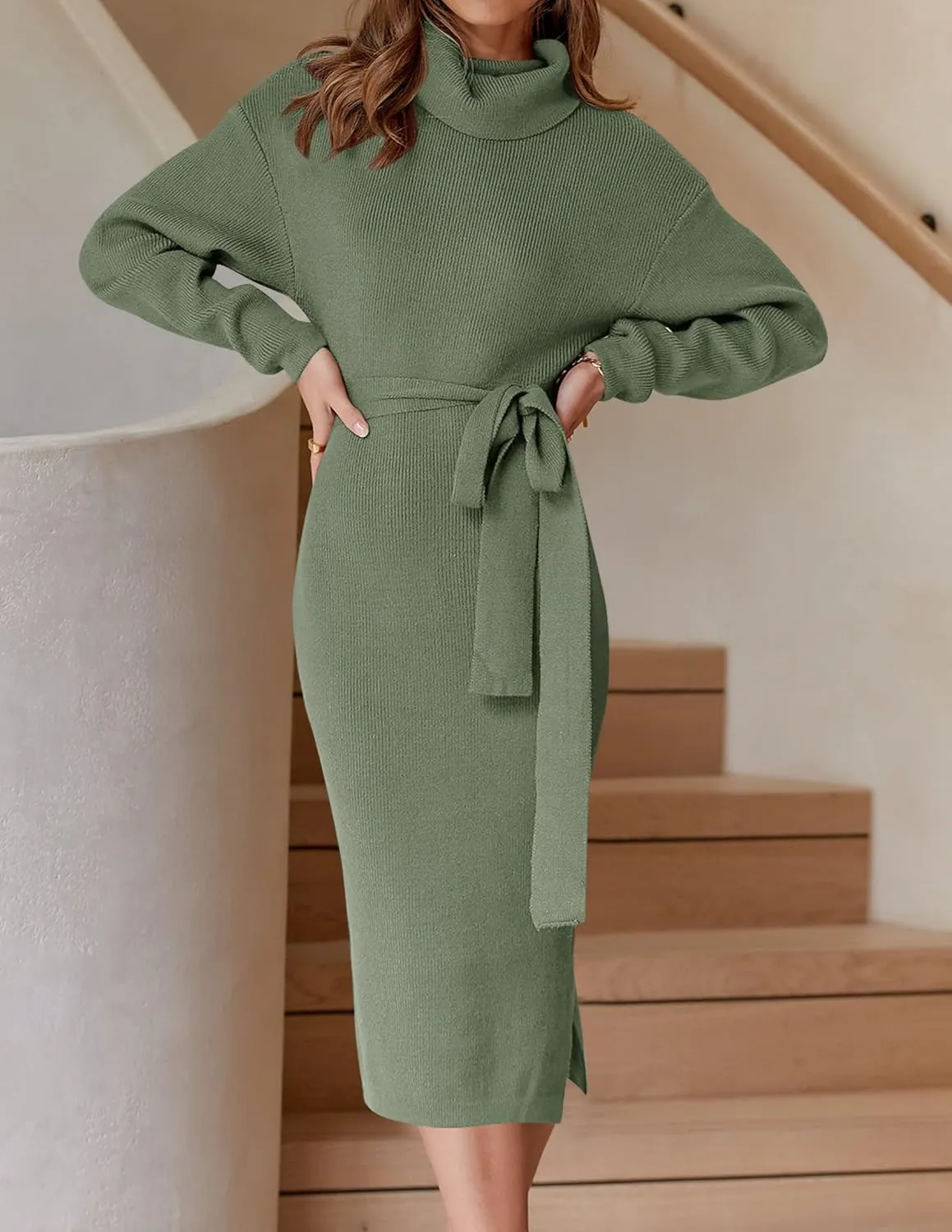 ZESICA Women's Turtleneck Sweater Midi Dress Long Sleeve Ribbed Knit Bodycon Slit Dress with Belt